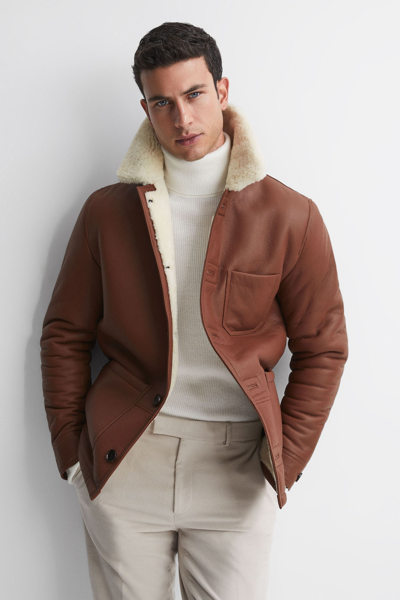 Shop Reiss Atlanta - Brown Leather Shearling Button-through Jacket, Xl