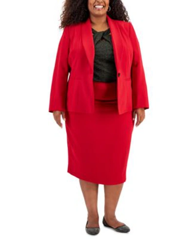 Shop Kasper Plus Size Stretch Crepe One Button Jacket Lurex Twist Neck 3 4 Sleeve Top Stretch Crepe Skimmer Penc In Fire Red