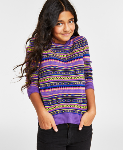 Shop Charter Club Holiday Lane Big Girls Bright Stripe Fair Isle Sweater, Created For Macy's In Purple Combo
