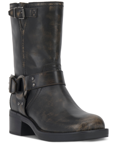 Shop Vince Camuto Women's Kaemie Moto Mid-shaft Buckled Engineer Boots In Black Leather Leather