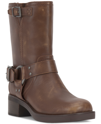 Shop Vince Camuto Women's Kaemie Moto Mid-shaft Buckled Engineer Boots In Chocolate Leather