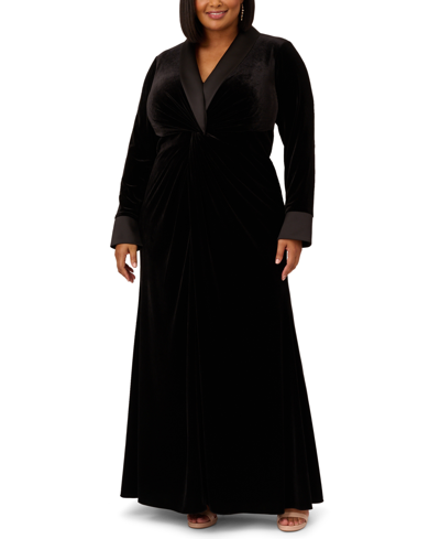 Shop Adrianna Papell Plus Size Velvet Twist-front Tuxedo Gown In Black