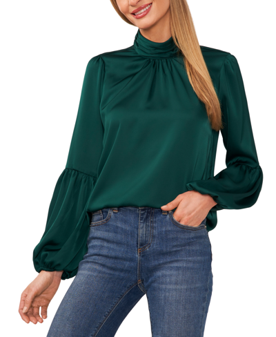 Cece Womens Satin Mock Neck Blouse In Dark Forest