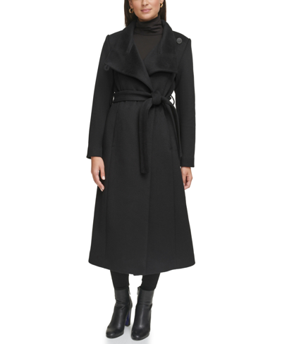 Shop Kenneth Cole Women's Belted Maxi Wool Coat With Fenced Collar In Black