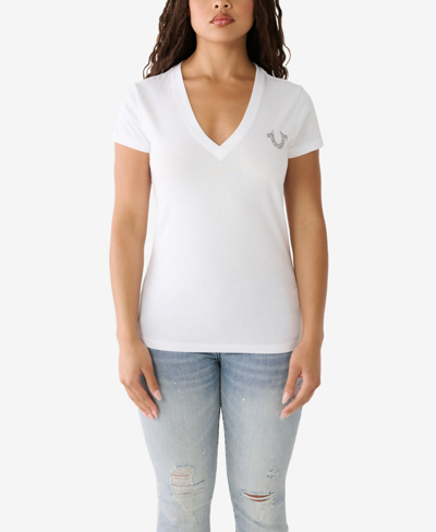 Shop True Religion Women's Short Sleeve Crystal Stamp V-neck T-shirt In Optic White