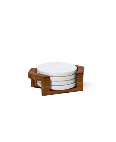 Shop Nambe Chevron Coaster Set With Holder In Acacia Wood And Marble In Brown
