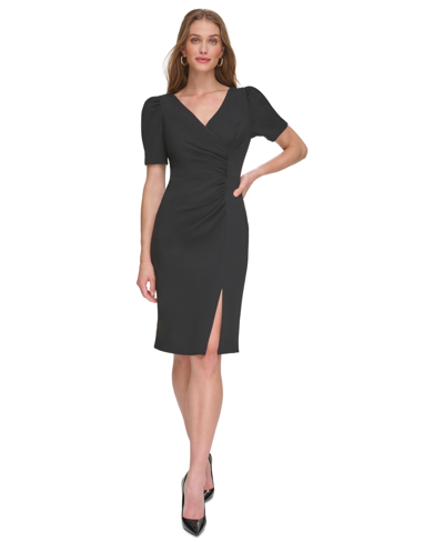 Shop Dkny Women's Surplice V-neck Side-ruched Sheath Dress In Black