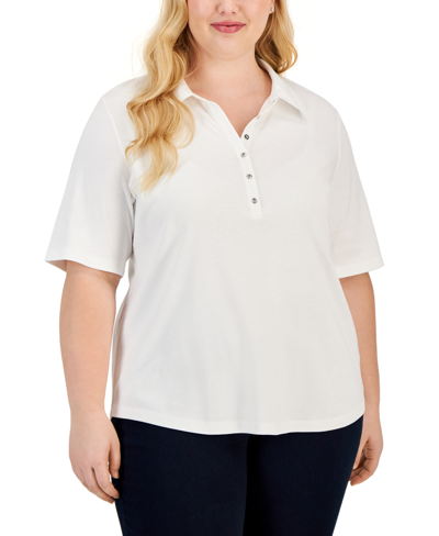 Shop Karen Scott Plus Size Cotton Polo-collar Short-sleeve Top, Created For Macy's In Bright White