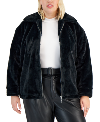 Shop Jou Jou Juniors' Trendy Plus Size Faux-fur Coat, Created For Macy's In Black