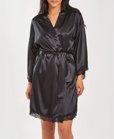 Shop Icollection Women's Silky Laced Trim Short Robe In Black