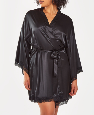 Shop Icollection Plus Size Silky Laced Trim Short Robe In Black