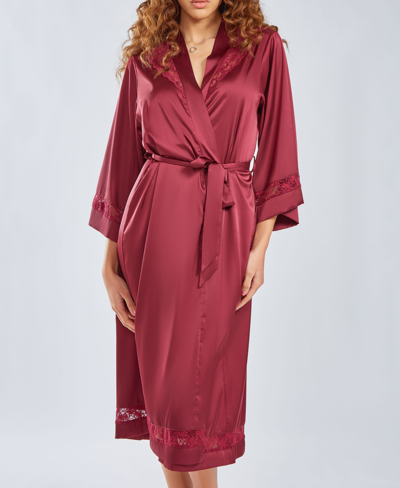 Shop Icollection Women's Silky Long Robe With Lace Trims In Wine