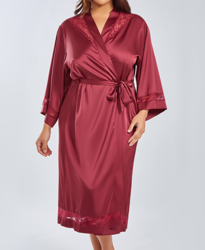 Shop Icollection Plus Size Silky Long Robe With Lace Trims In Wine