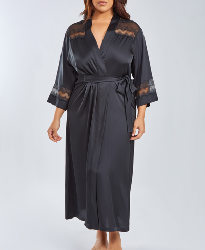 Shop Icollection Plus Size Silky Stretch Satin Long Robe With Lace Trims In Black