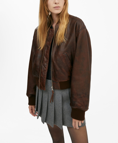 Shop Mango Women's Leather Bomber Jacket In Brown