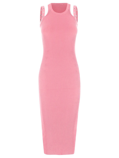 Shop Blumarine Eyelets Straps Knit Midi Dress In Pink
