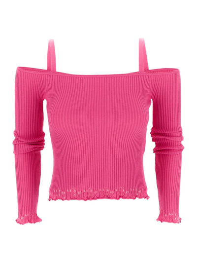 Shop Blumarine Off-the-shoulders Ribbed Blouse In Pink