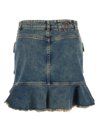 Shop Blumarine Fringed Ruffles Mini Skirt In Blue