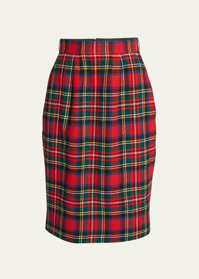 Shop Saint Laurent Tartan Print Pencil Skirt In Red Multi