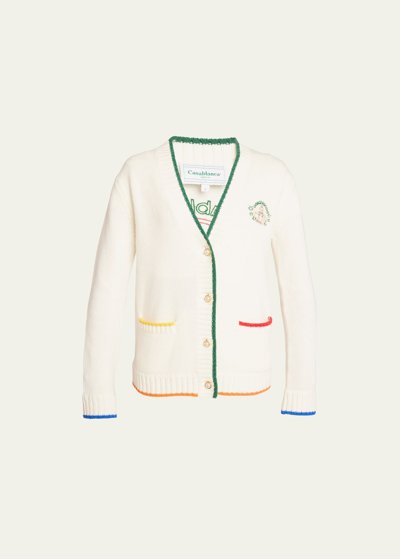 Shop Casablanca Rainbow Crayon Temple Embroidered Wool-cashmere Cardigan In White