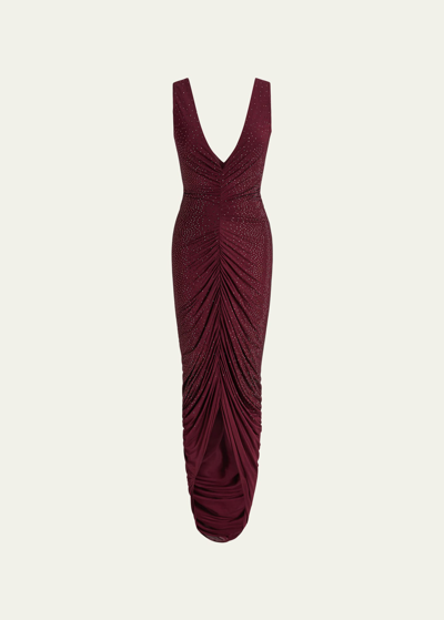 Shop Ralph Lauren Daemyn Plunging Strass Embellished Ruched Gown In Red