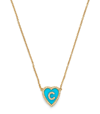 Shop Jennifer Meyer Yellow Gold, Diamond And Turquoise Mini Heart C Initial Necklace