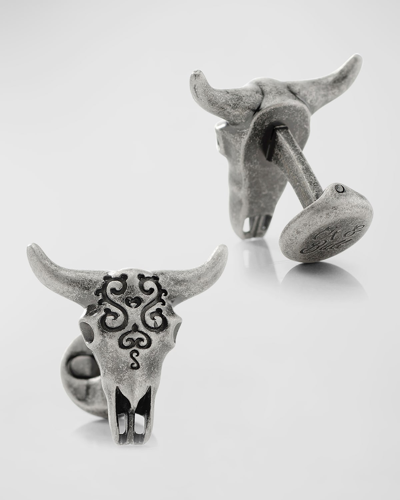 Shop Cufflinks, Inc Men's Antique Stainless Steel Carved Cow's Skull Cufflinks In Silver