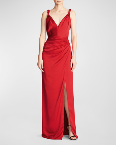 Shop Halston Yvette Twisted-strap Satin Slit Gown In Crimson