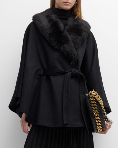 Shop Sofia Cashmere Cashmere Belted Cape Coat With Shearling Collar In Black