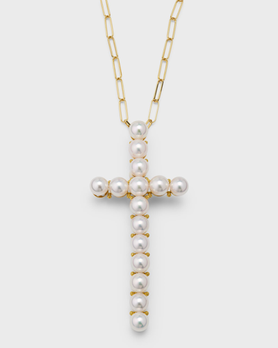 Shop Pearls By Shari 18k Yellow Gold Akoya Pearl Long Cross Pendant Necklace, 36"l