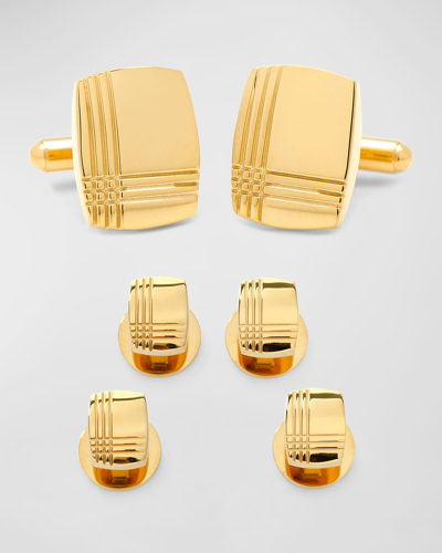 Shop Cufflinks, Inc Men's Gold-tone Stainless Steel Tartan Cufflink Stud Set
