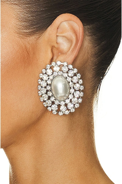 Shop Alessandra Rich Crystal Earrings With Pearl In Pearl & Silver