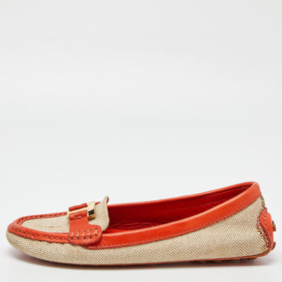Pre-owned Tory Burch Beige/orange Canvas And Leather Casey Loafers Size 37.5