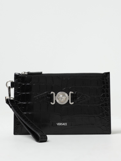 Shop Versace Medusa  Pouch In Croco Print Leather In Black