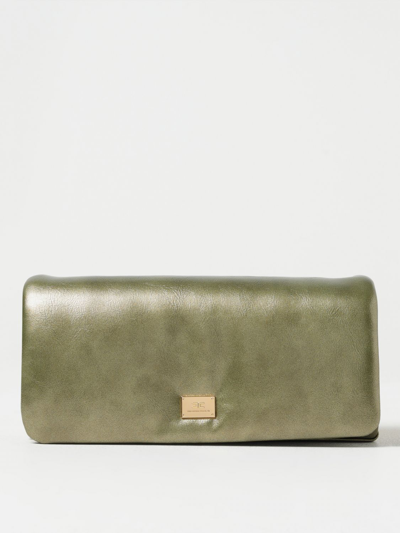 Shop Elisabetta Franchi Clutch In Cracklè Synthetic Leather With Logo In Green
