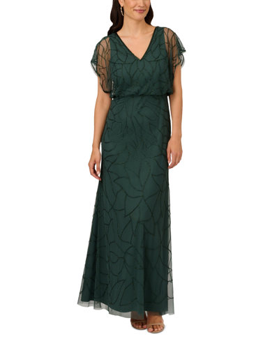 Shop Adrianna Papell Women's Beaded Blouson Dolman-sleeve Gown In Dusty Emerald