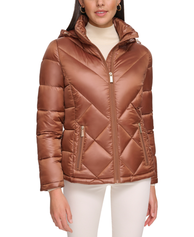 Shop Calvin Klein Women's Shine Hooded Packable Puffer Coat, Created For Macy's In Pecan