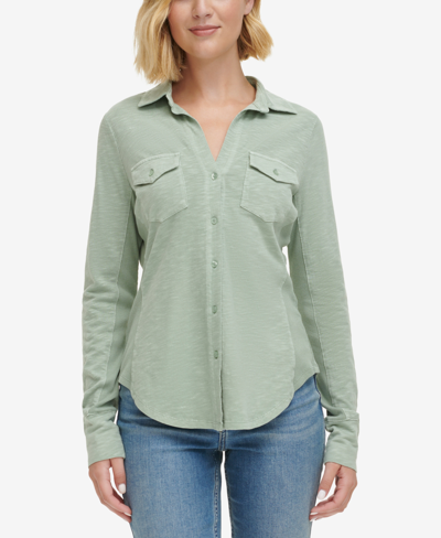 Shop Calvin Klein Jeans Est.1978 Women's Long Sleeve Side Panel Button Down Shirt In Sage