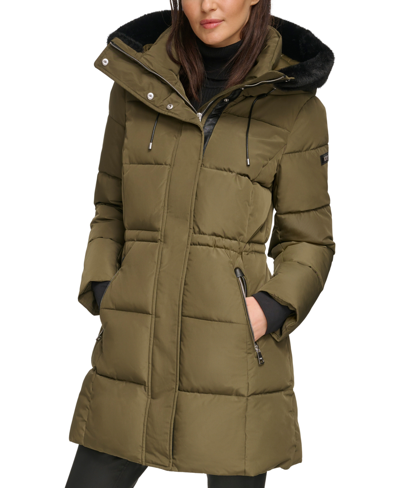 Shop Dkny Women's Faux-fur-trim Hooded Anorak Puffer Coat In Loden