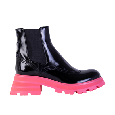 Shop Alexander Mcqueen Fluo Pink Sole Chelsea Boots In Black