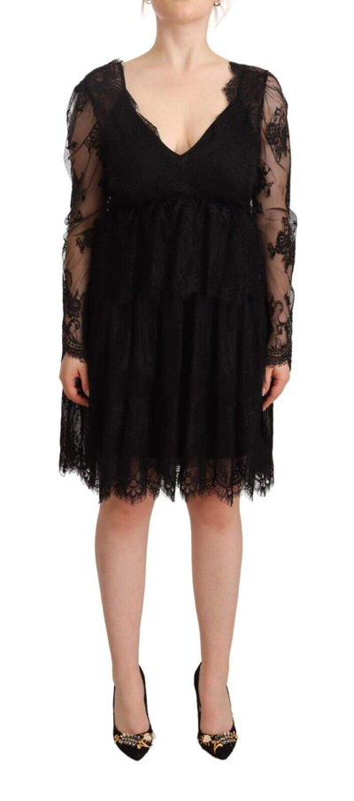 Shop Aniye By Black Floral Lace Cotton Long Sleeves V-neck Shift Dress