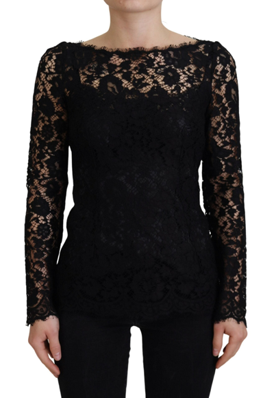 Shop Dolce & Gabbana Black Cotton Lace Trim Long Sleeves Top