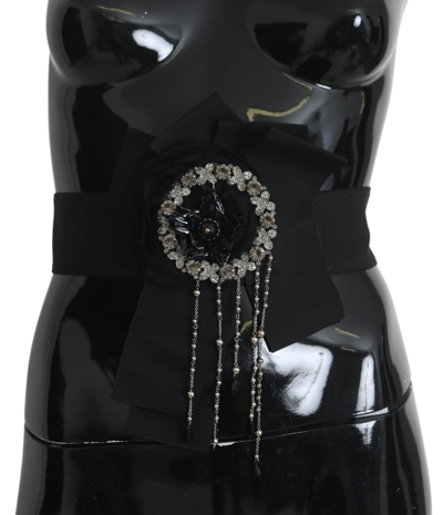 Dolce & Gabbana Black Crystal Brooch Wide Wai Satoria Belt In Black