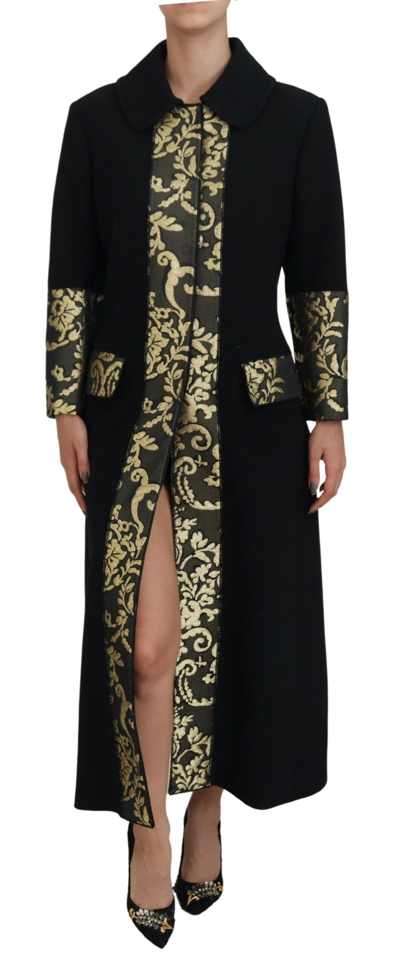 Shop Dolce & Gabbana Black Gold Jacquard Long Trench Coat Jacket In Gold Black
