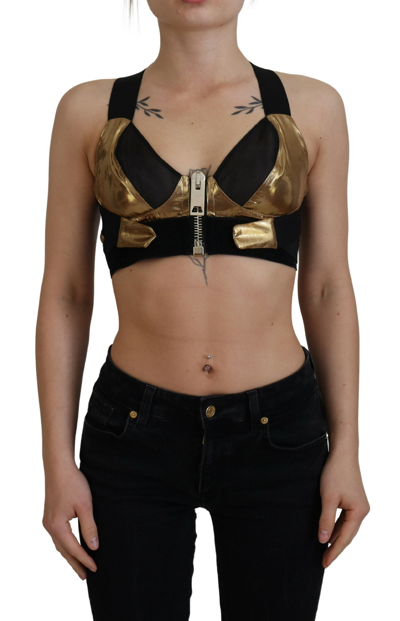 Shop Dolce & Gabbana Black Gold Sleeveless Cropped Bustier Top In Gold Black