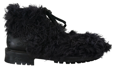 Shop Dolce & Gabbana Black Leather Combat Shearling Boots Shoes