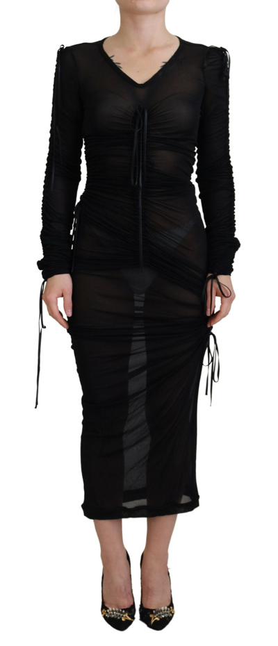 Dolce & Gabbana Black Viscose Bodycon Sheath Midi Dress In Black