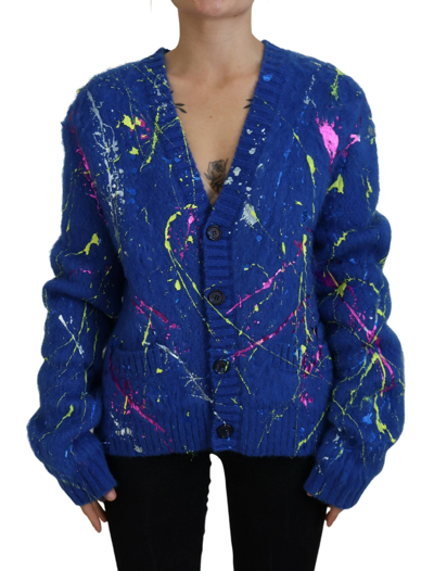 Shop Dolce & Gabbana Blue Color Splash Mohair Cardigan  Sweater