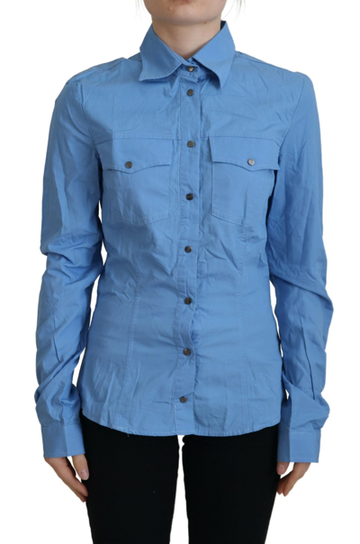 Shop Ferre' Blue Cotton Long Sleeves Collared Button Down Top
