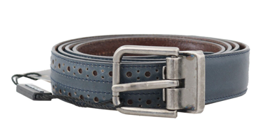 Shop Dolce & Gabbana Blue Perforated Leather Gray Buckle Belt